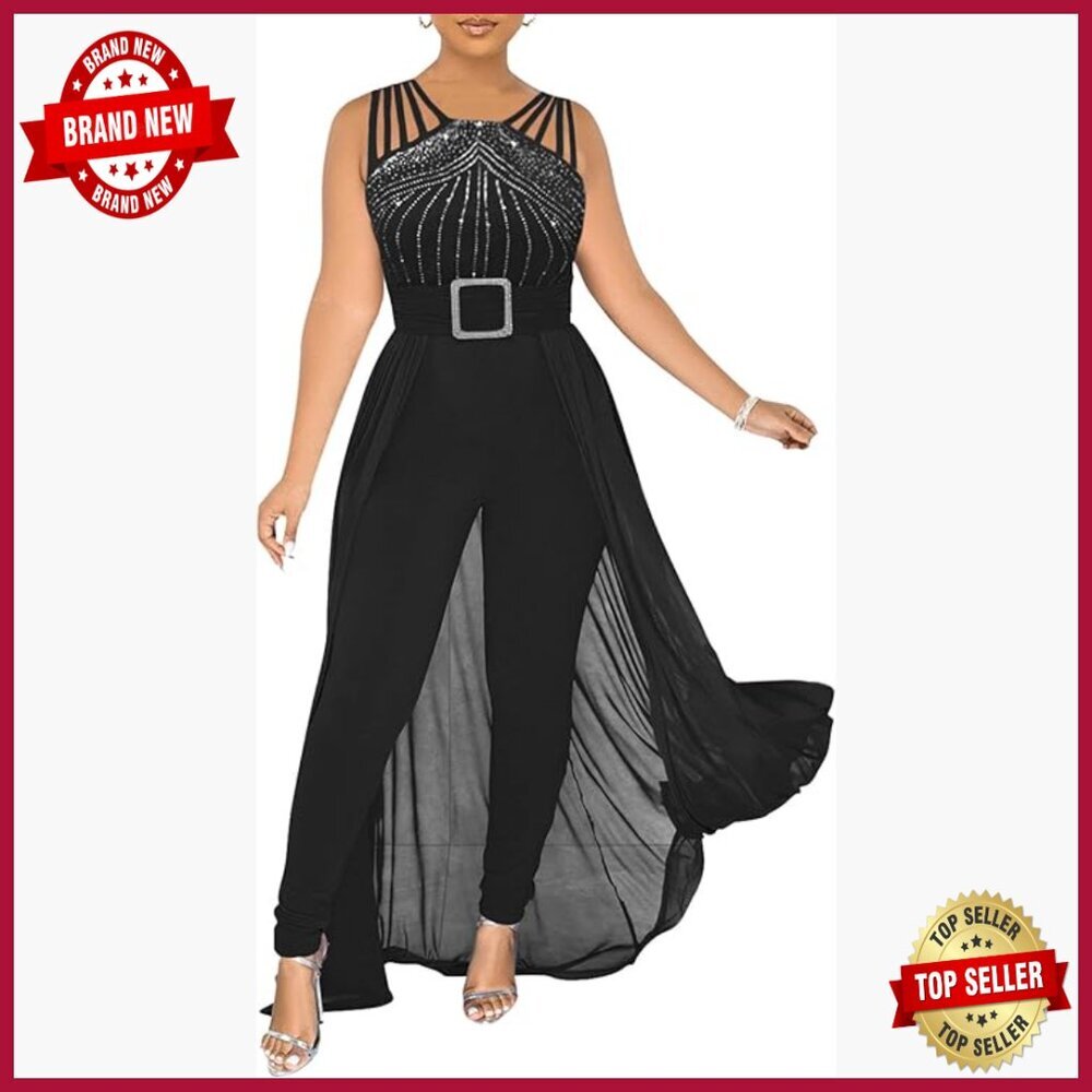 Large Sleeveless Rhinestone Jumpsuit Formal Party Bodycon Polyester Spandex